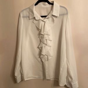 White long sleeve button blouse w ruffled front (see description no size tag )